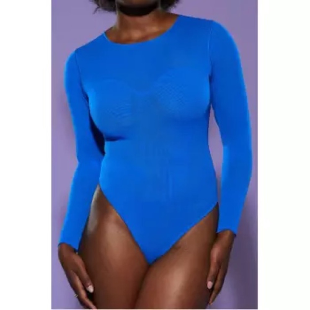 NEW‎ Yitty Lizzo Bright A$$ Blue Mesh Me Smoothing Longsleeve Thong Bodysuit 2X